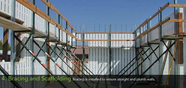 4. Bracing and Scaffolding - Bracing is installed to ensure straight and plumb walls.     