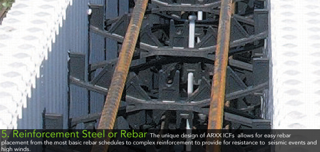 5. Reinforcement Steel or Rebar - The unique design of ARXX ICFs allows for easy rebar placement from the most basic rebar schedules to complex reinforcement to provide for resistance to seismic events and high winds.